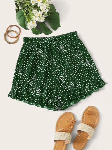 Tie Waist Ruffle Hem Polka Dot Shorts - takostyle
