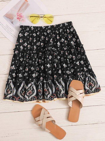 Ruffle Hem Frill Ditsy Floral Skirt - takostyle