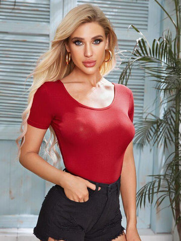 Scoop Neck Rib-knit Solid Slim Tee - takostyle