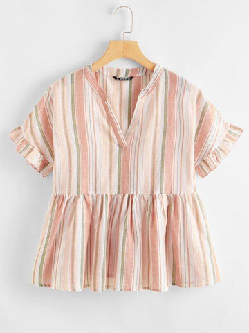 V-neck Ruffle Cuff Striped Peplum Top - takostyle