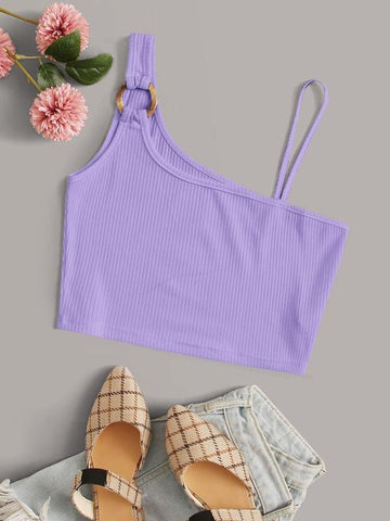 O-Ring Linked Asymmetrical Neck Crop Top - takostyle
