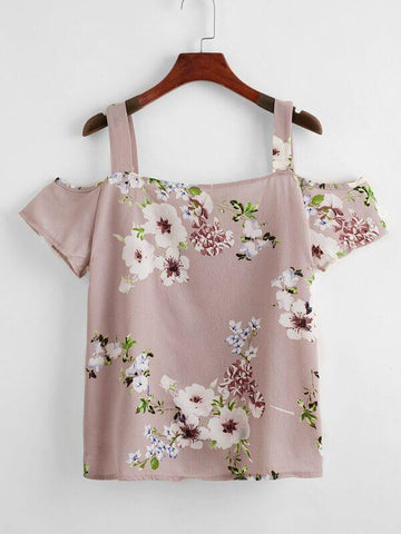 Floral Print Cold Shoulder Blouse - takostyle