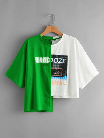 Graphic Print Drop Shoulder Stepped Hem Top - takostyle