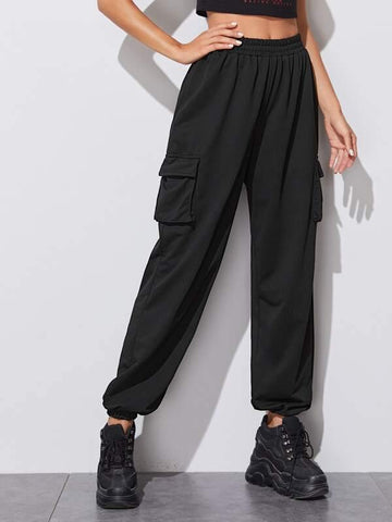 Elastic Waist Flap Pocket Cargo Pants - takostyle