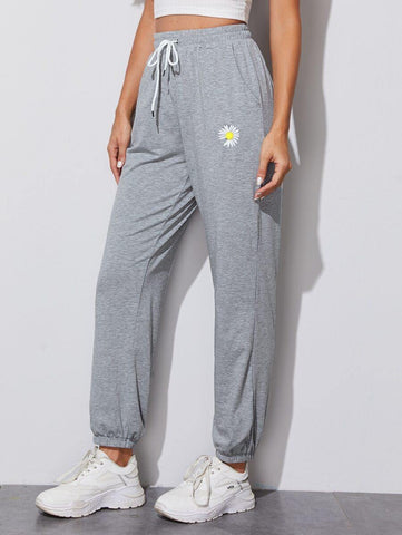 Daisy Floral Print Drawstring Waist Joggers - takostyle