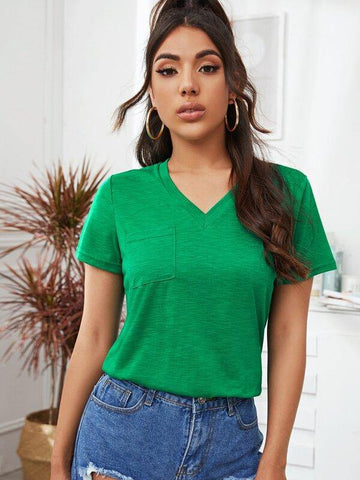 V-neck Pocket Patched Heather Knit Tee - takostyle