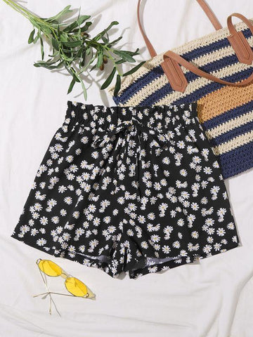 Allover Floral Paper Bag Waist Shorts - takostyle