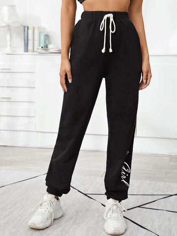 Tie Front Slant Pocket Letter Graphic Joggers - takostyle