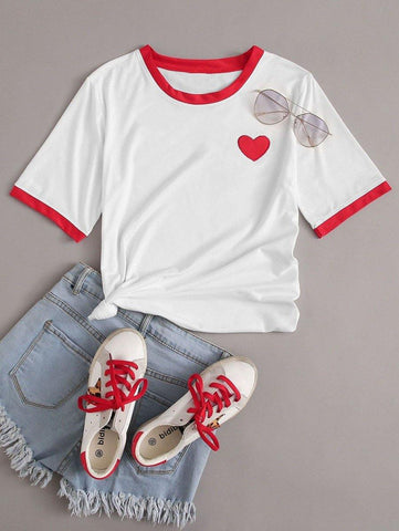 Heart Embroidery Ringer Tee - takostyle