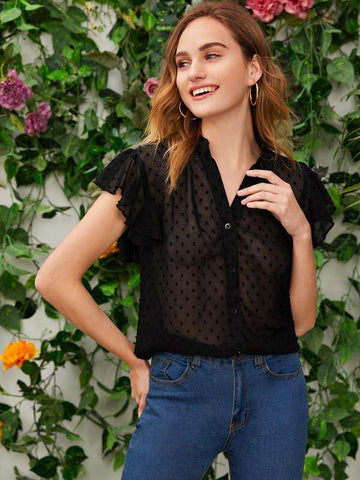 Swiss Dot Button Front Sheer Blouse - takostyle