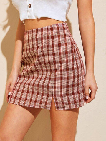 Slit Hem Plaid Skirt - takostyle