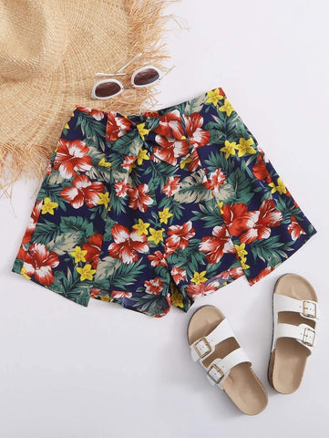 Tropical Print Knot Front Shorts - takostyle