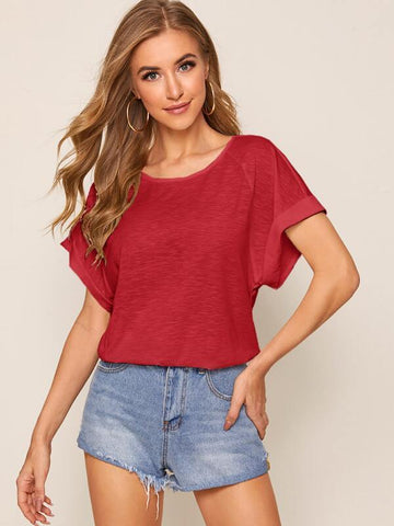 Raglan Sleeve Rolled Cuff Slub Tee - takostyle