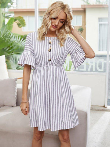 Button Front Flounce Sleeve Striped Dress - takostyle