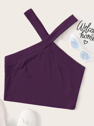 Solid Rib-knit Crisscross Halter Top - takostyle