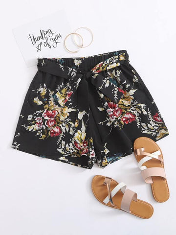 Tie Waist Floral Print Shorts - takostyle