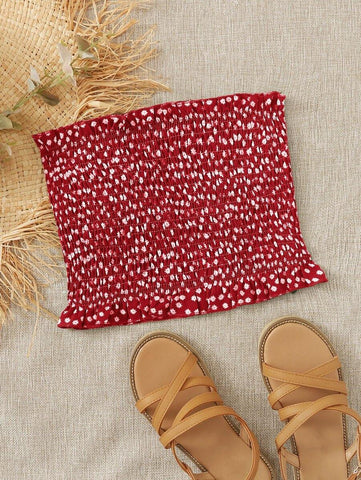 Ditsy Floral Shirred Frill Trim Tube Top - takostyle