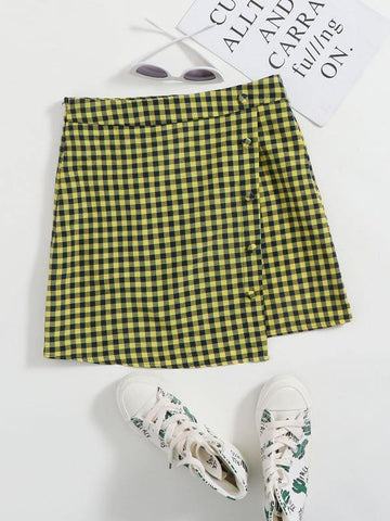 Buttoned Detail Asymmetric Gingham Skirt - takostyle