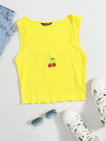Lettuce Trim Rib-knit Cherry Embroidered Tank Top - takostyle