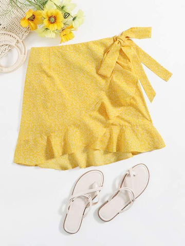 Ditsy Floral Wrap Tie Side Ruffle Hem Skirt - takostyle