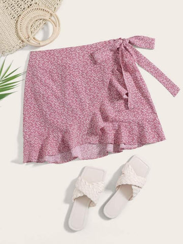Ruffle Hem Wrap Knot All-over Print Skirt - takostyle