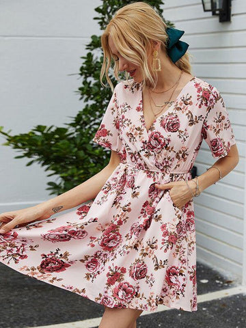 Floral Print V Neck Pocket Detail Dress - takostyle