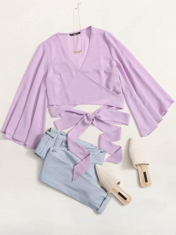 Trumpet Sleeve Surplice Wrap Top - takostyle