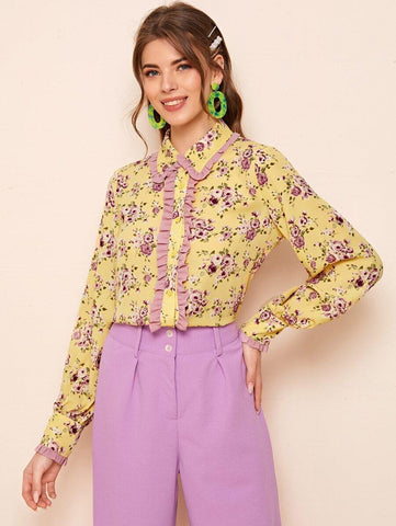 Collared Ruffle Trim Floral Blouse - takostyle