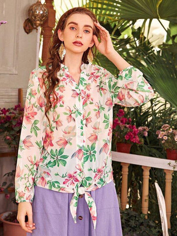 Allover Floral Knot Hem Chiffon Blouse - takostyle