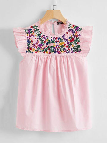 Guipure Lace Neck Floral Embroidered Ruffle Trim Top - takostyle