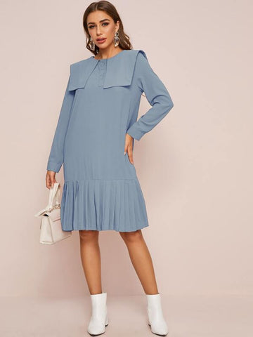 Doll Collar Button Front Pleated Hem Dress - takostyle