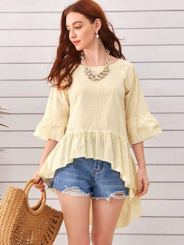 Flounce Sleeve High Low Ruffle Hem Top - takostyle