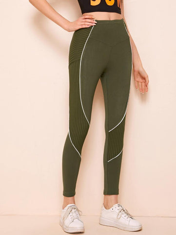 Contrast Piping Ribbed Panel Leggings - takostyle