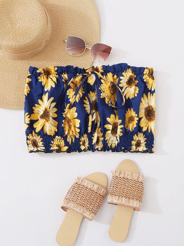 Sunflower Print Shirred Tube Top - takostyle