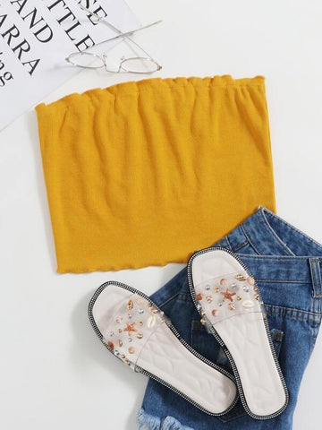 Frill Trim Rib-knit Bandeau Top - takostyle