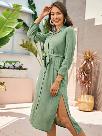 Dual Pocket Belted Slit Hem Shirt Dress - takostyle