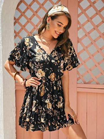 Floral Print Belted Layered Hem Dress - takostyle