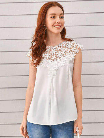 Crochet Floral Panel Solid Blouse - takostyle