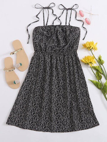 Plant Print Tie Shoulder Cami Dress - takostyle