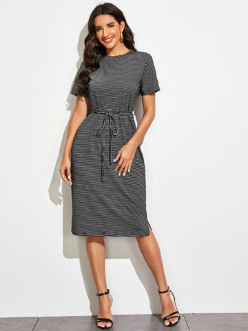 Self Tie Stripe Midi Tee Dress