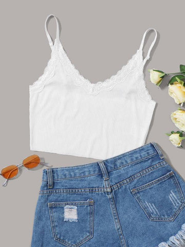 Contrast Lace Ribbed Crop Cami Top - takostyle