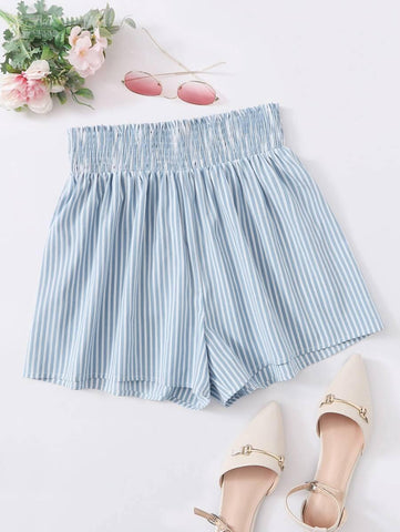 Striped Shirred Waist Shorts - takostyle