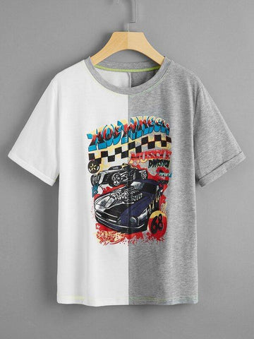 Two Tone Car & Letter Graphic Tee - takostyle