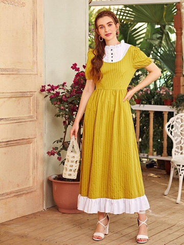 Frill Neck Striped Contrast Panel Dress - takostyle