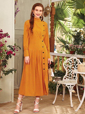 Polka Dot Frill Neck Button Front Dress - takostyle