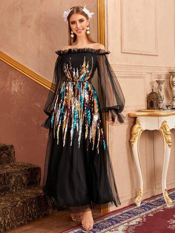 Off Shoulder Ruffle Trim Sequin Panel Mesh Overlay Dress - takostyle