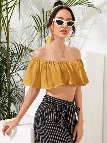 Ruffle Trim Solid Bardot Top - takostyle