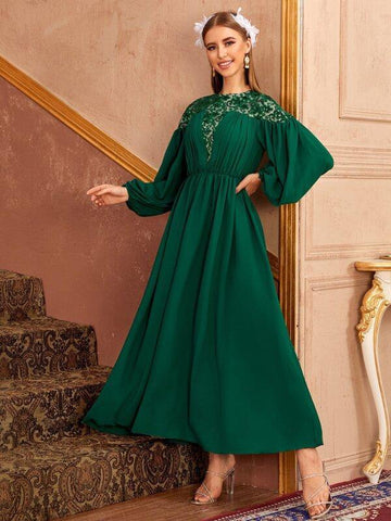 Floral Embroidered Mesh Yoke Lantern Sleeve Ruched Dress - takostyle