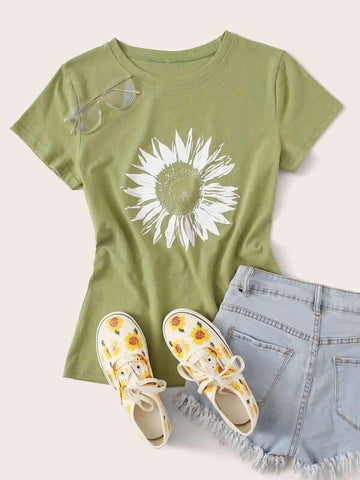 Sunflower Print Short Sleeve Tee - takostyle