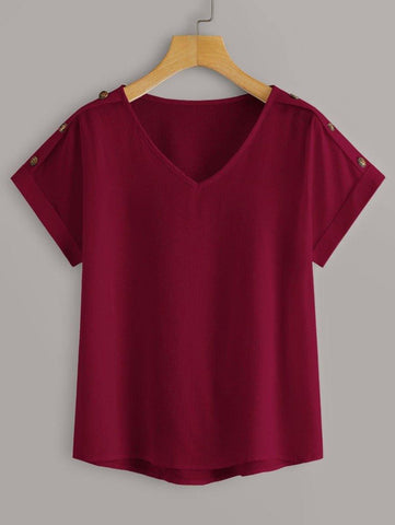 V-neck Button Detail High Low Blouse - takostyle